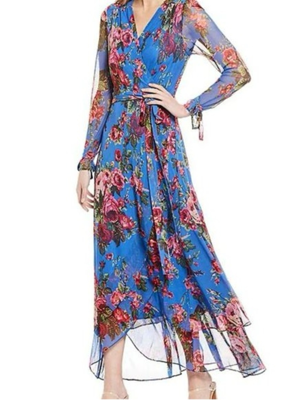 Betsey Johnson Floral Mesh Wrap Maxi Dress Blue Pink Roses Size 8